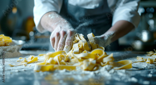 Freshly made pasta being tossed in flour by a chef. Generative AI.