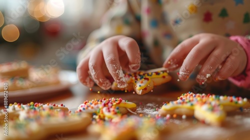 Child decorating festive cookies with colorful sprinkles, capturing the joy and creativity of holiday baking in a warm, cozy atmosphere.