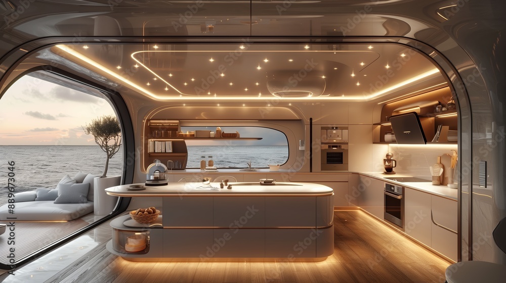 Fototapeta premium Modern Yacht Kitchen With Sea View at Sunset