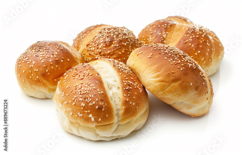 Freshly baked bread assortment on white background. Generative AI. © Poj