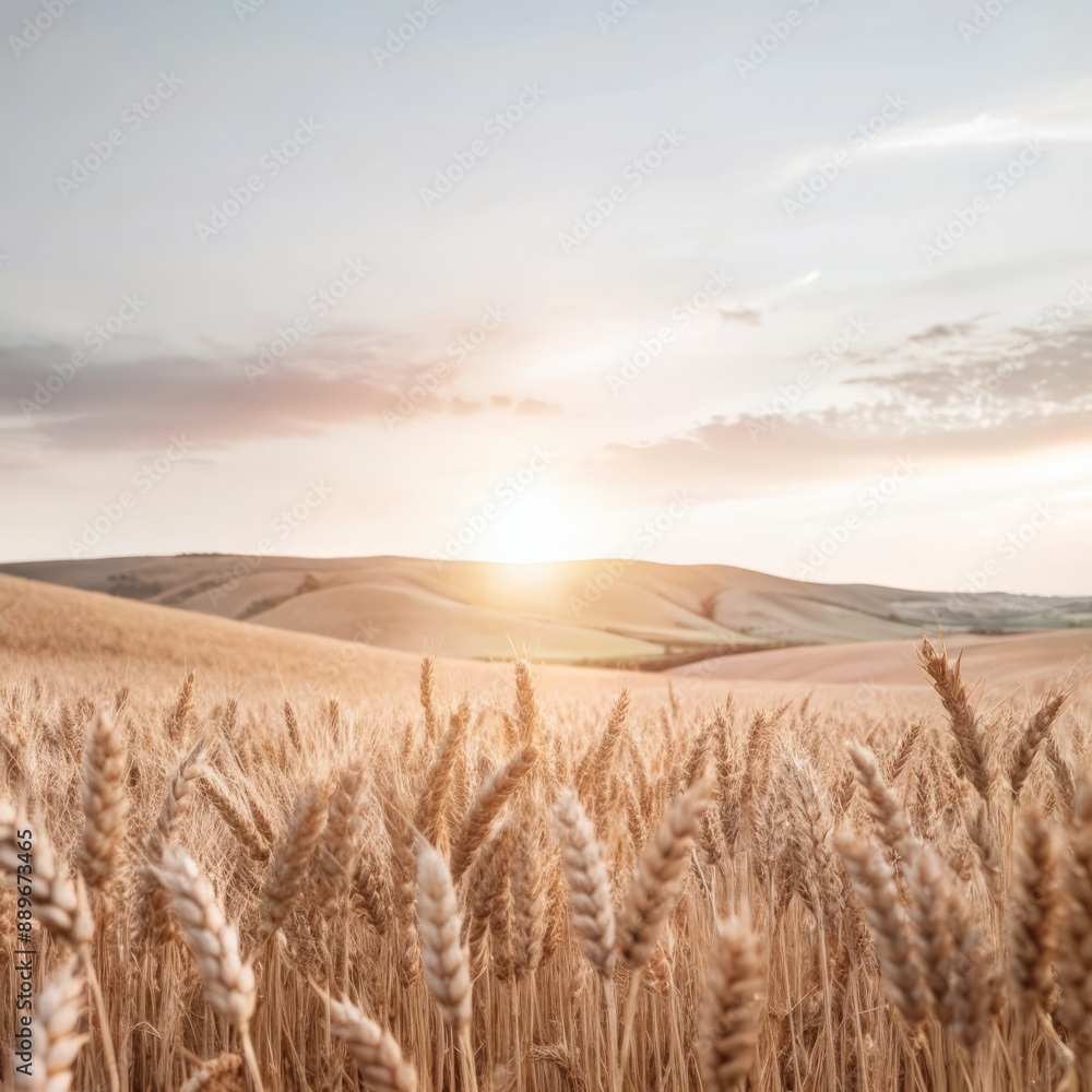 Sunset over a wheat field, golden light, rolling hills, peaceful and bountiful scene Sunset over a wheat field, golden light, rolling hills, peaceful and bountiful scene