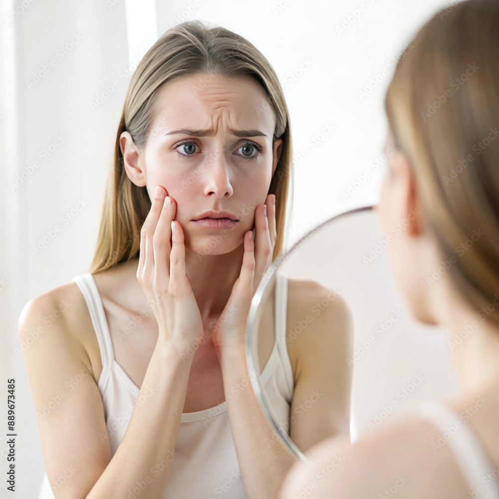 Worried young woman examining face in mirror at home Worried young woman examining face in mirror at home