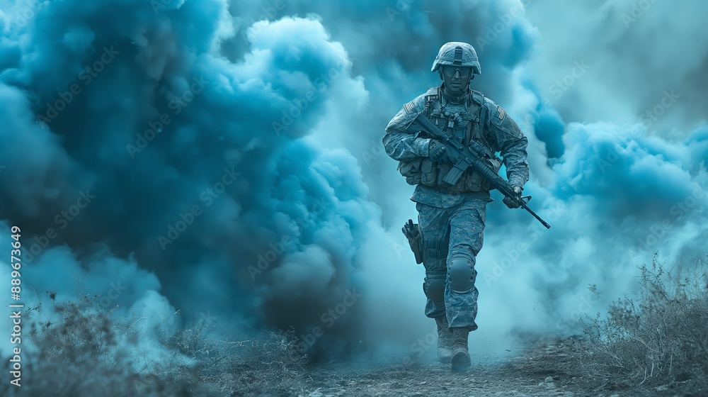 Soldier in Combat Gear Walking Through Smoke for Military and Action Themes Soldier in Combat Gear Walking Through Smoke for Military and Action Themes