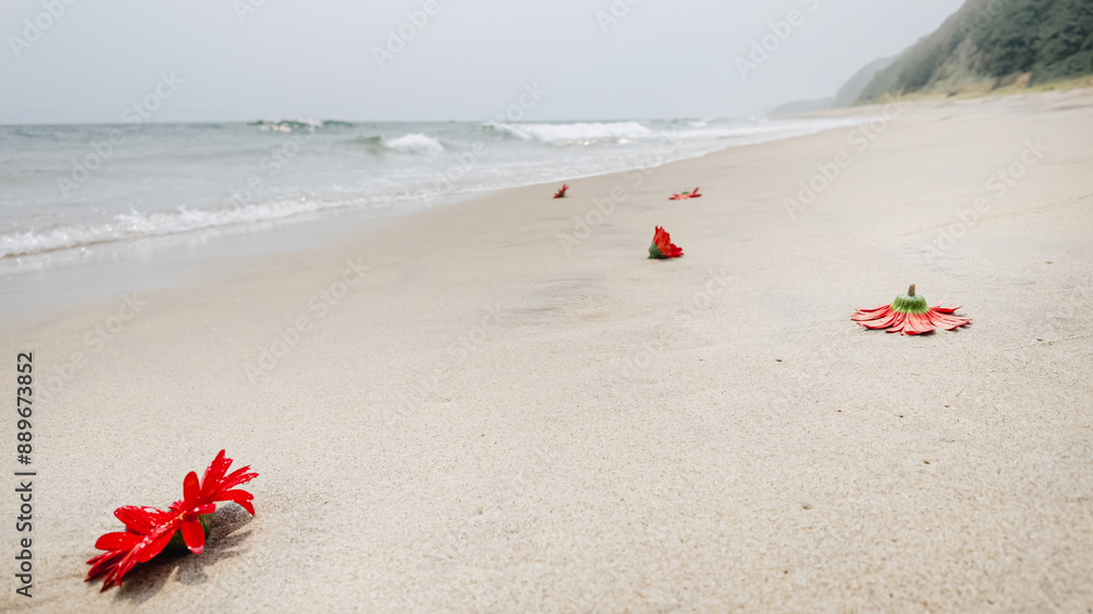 Red flowers scattered on an empty beach symbolize lost love and solitude Red flowers scattered on an empty beach symbolize lost love and solitude