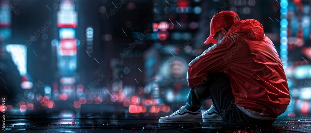 Obraz premium A person in a red jacket and hat sits alone on a wet street with city lights in the background, evoking solitude.