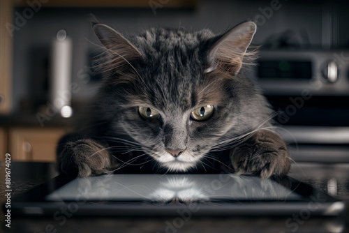 A gray adult cat looks with interest at the screen of a tablet lying on the table, the concept of modern technology and pets