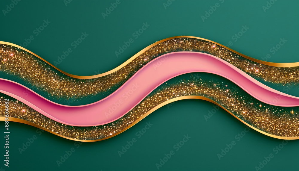 Create an abstract golden wave line with glitter on a dark green background. Incorporate flat, pink colors and simple shapes with smooth edges, capturing a sleek logo style. Create an abstract golden wave line with glitter on a dark green background. Incorporate flat, pink colors and simple shapes with smooth edges, capturing a sleek logo style.