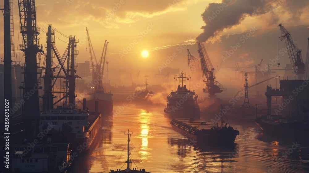 Obraz premium Industrial port at dawn, misty atmosphere, cargo ships docked, workers starting shift