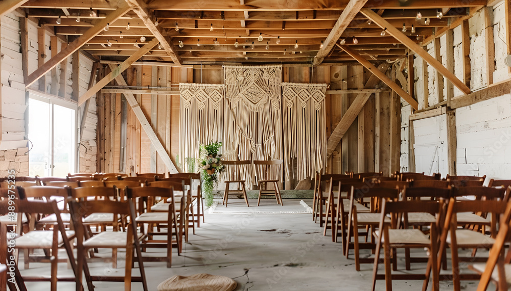 Fototapeta premium Wedding ceremony in a rustic barn with wooden chairs and a macrame backdrop