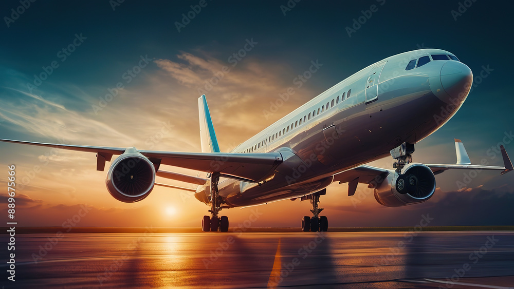 Airplane landing at sunset Airplane landing at sunset