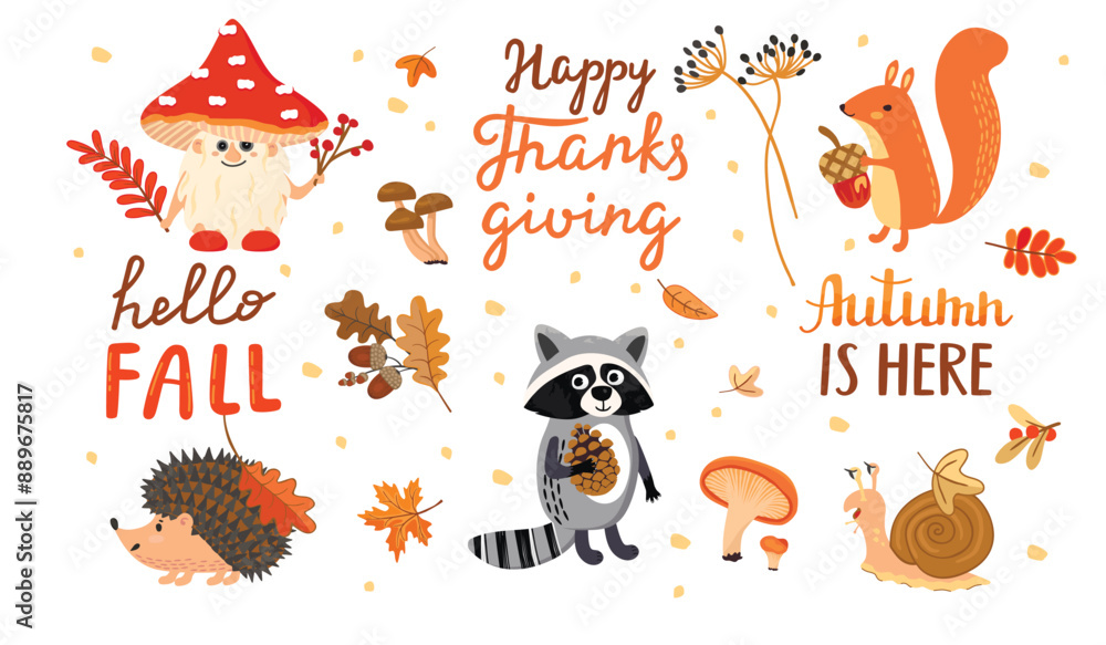Autumn collection with handwritten and woodland characters.Cartoon hedgehog, snail, squirrel, raccoon and fly agaric mushroom.White background with foliage.Vector design for use in card,textile. Autumn collection with handwritten and woodland characters.Cartoon hedgehog, snail, squirrel, raccoon and fly agaric mushroom.White background with foliage.Vector design for use in card,textile.