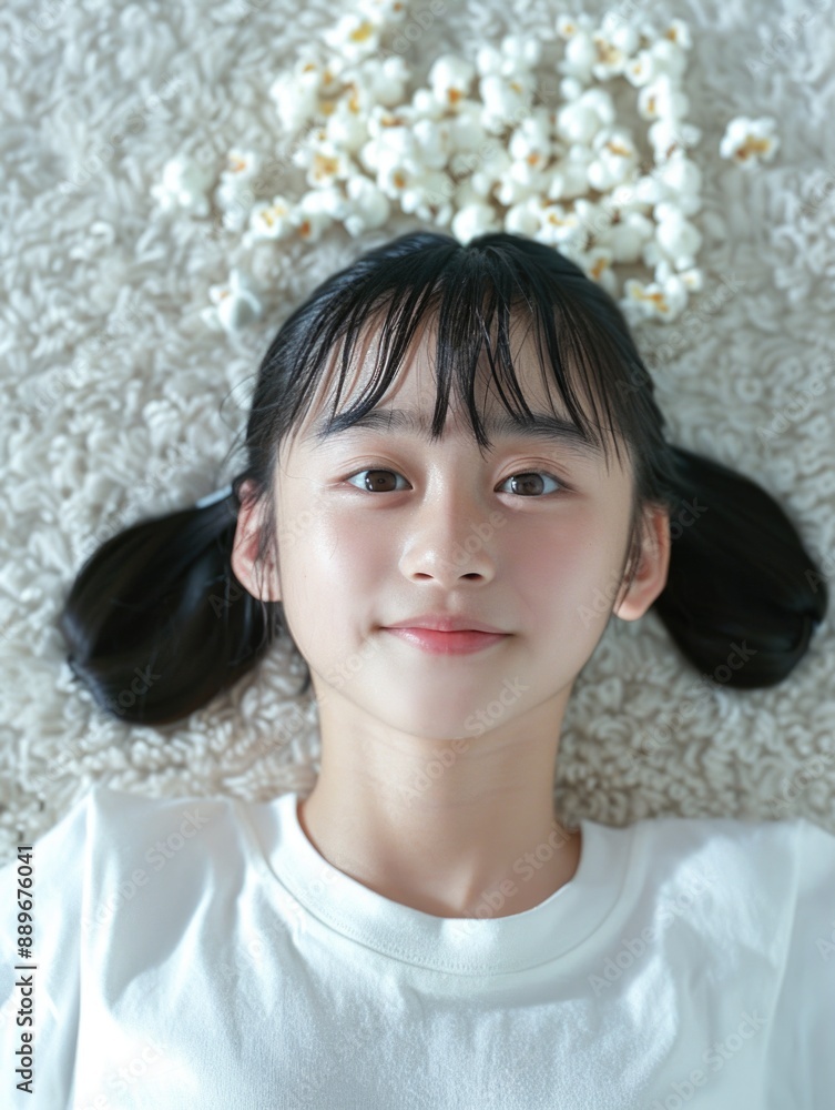 A young girl relaxing with a creative hairstyle, featuring a large amount of popcorn A young girl relaxing with a creative hairstyle, featuring a large amount of popcorn