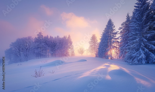 Serene Winter Sunset Over Snowy Valley with Coniferous Forest in Tranquil Twilight © Bartek