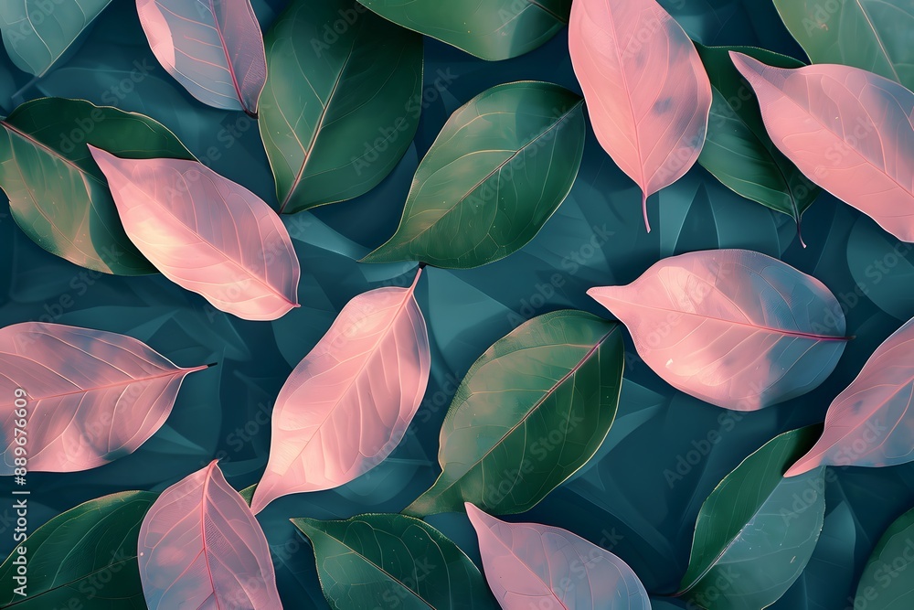 Vibrant Contrast of Pink and Green Leaves on a Dark Background Vibrant Contrast of Pink and Green Leaves on a Dark Background