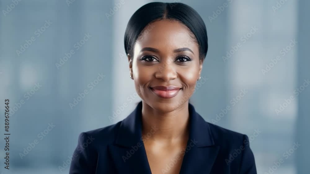 Black businesswoman waving hello gesture smiling to camera in office, portrait Black businesswoman waving hello gesture smiling to camera in office, portrait