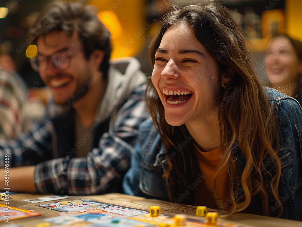 Woman Laughing During Board Game Night With Friends Woman Laughing During Board Game Night With Friends