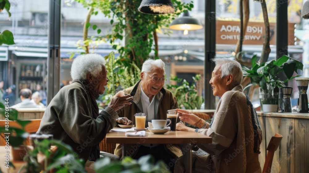 Three elderly people are sitting at a table in a cafe, smiling Three elderly people are sitting at a table in a cafe, smiling