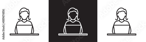 Woman admin icon at laptop, customer service, support service and telemarketing, line icon of administrator, employee, office work vector illustration on black and white and transparent background.