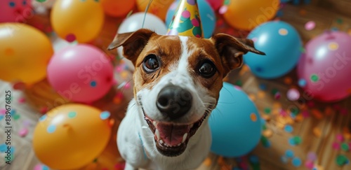 Happy Dog Wearing Party Hat Surrounded By Balloons And Confetti