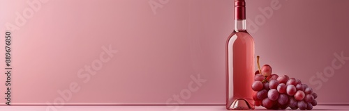 A Single Bottle of Rose Wine With Fresh Grapes on a Pink Background