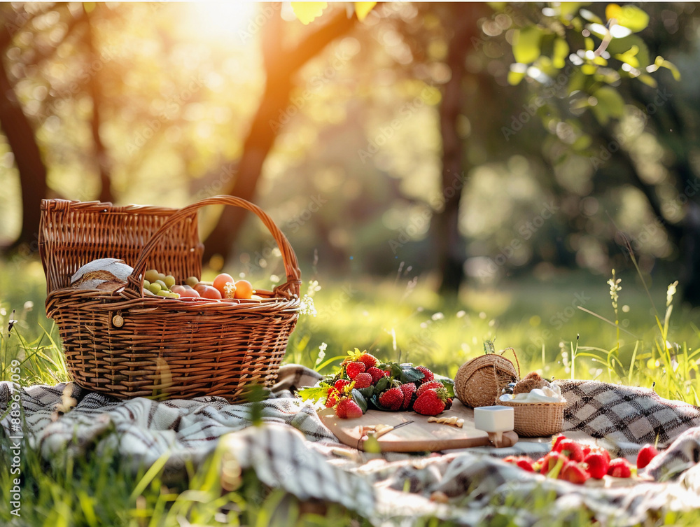 Picnic Basket Filled With Fruit and Bread in Sunny Summer Forest Picnic Basket Filled With Fruit and Bread in Sunny Summer Forest