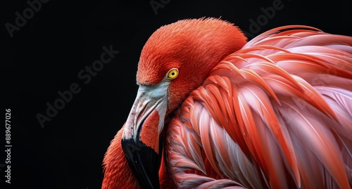 A Close-Up Portrait of a Pink Flamingo Resting Against a Black Background