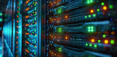 Close Up of Illuminated Server Racks in Data Center