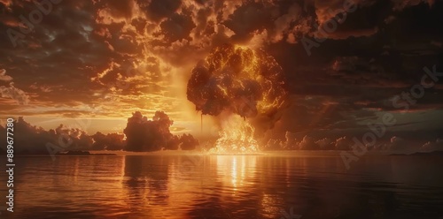 Atomic Bomb Explosion Over Ocean at Sunset