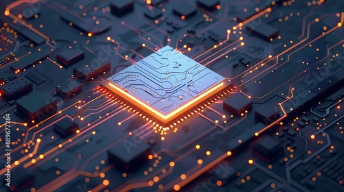 Hightech AI computer chip with a futuristic circuit board design 3D illustration