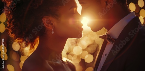 Couple Embracing During Golden Hour at a Nighttime Event