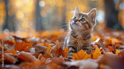 Tabby Kitten Playing in Fall Leaves