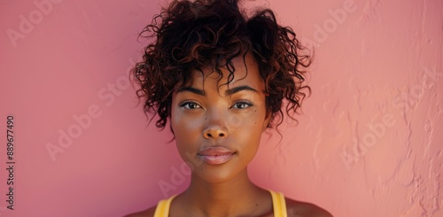 Young Woman With Curly Hair Posing Against Pink Wall