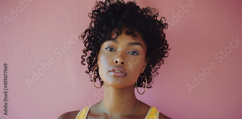 Woman With Curly Hair Posing in Front of Pink Wall