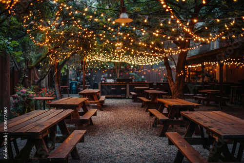 Charming outdoor dining space under a canopy of glowing string lights, perfect for illustrating cozy gatherings, restaurant ads, and festive events.