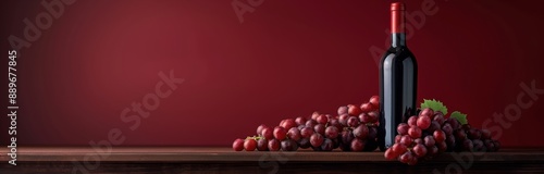 A Bottle of Red Wine With Grapes on a Wooden Table Against a Red Wall