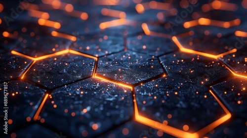 Glowing Orange Lines on a Dark Hexagon Pattern Surface