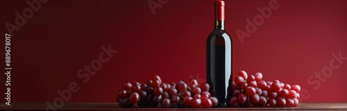 A Bottle of Red Wine With Grapes on a Wooden Table Against a Red Wall