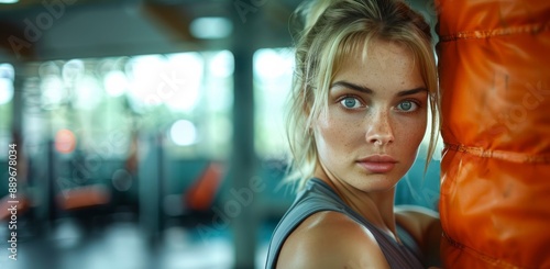 Woman With Blonde Hair Looking at Camera Near Red Punching Bag in Gym