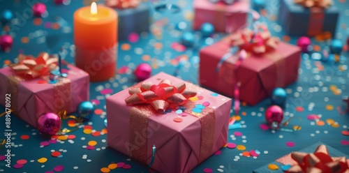 Blue Wrapped Gift Box With Pink Ribbon On Blue Table With Candles And Confetti