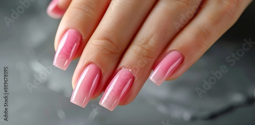 Close-Up of a Hand With Pink and Glitter Nail Polish Against a Blue Bokeh Bac...