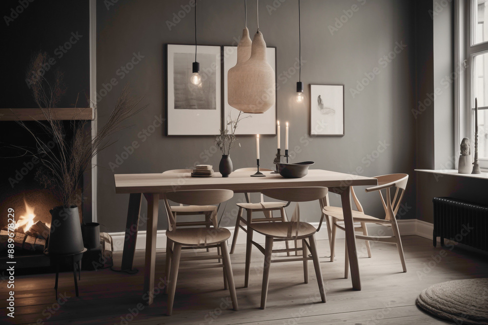 Retreat to a cozy Scandinavian haven with chrs of different colors positioned around a table. Retreat to a cozy Scandinavian haven with chrs of different colors positioned around a table.