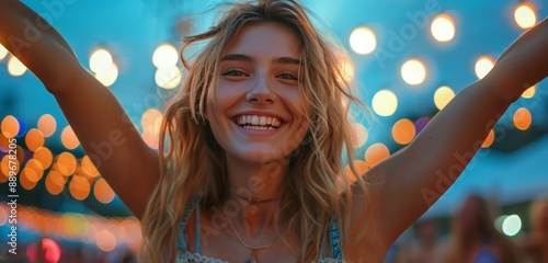 Happy Woman Dancing at Summer Music Festival