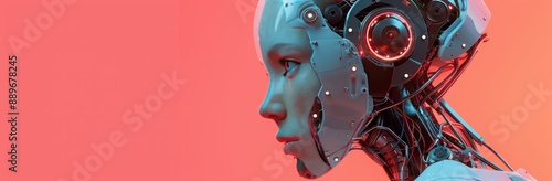 Profile of a Cyborg Woman With Exposed Mechanical Parts Against a Red Background