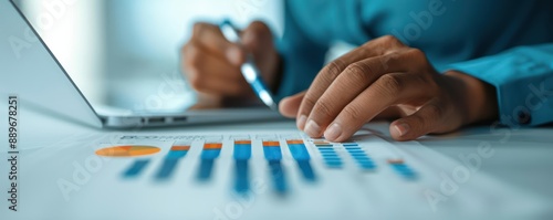Close-up of consultant analyzing financial charts and documents for a report, documents, financial, charts, consultant, report