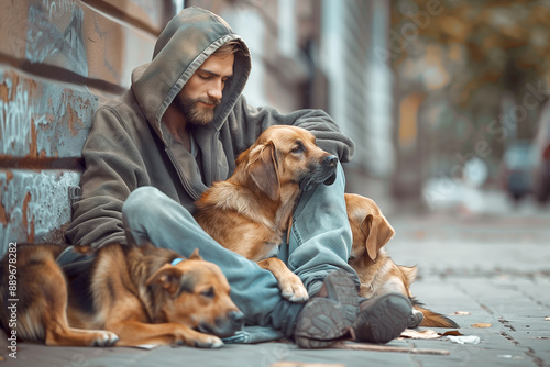 Homeless man with dogs on city street. Generative AI. 