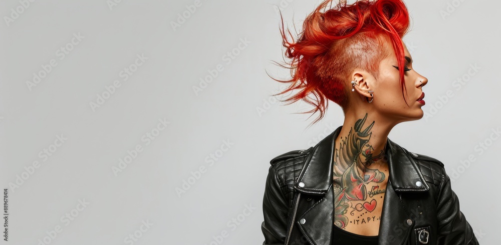 Woman With Red Hair And Tattoos Posing Against A White Background Woman With Red Hair And Tattoos Posing Against A White Background