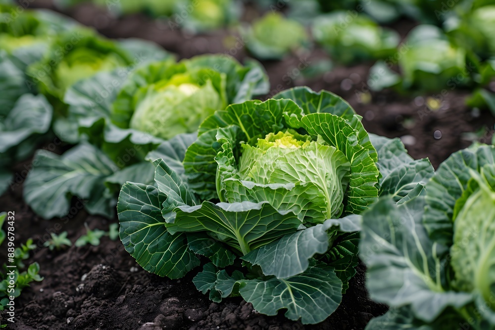 Lush Green Cabbage Plants Growing in a Fertile Garden Lush Green Cabbage Plants Growing in a Fertile Garden