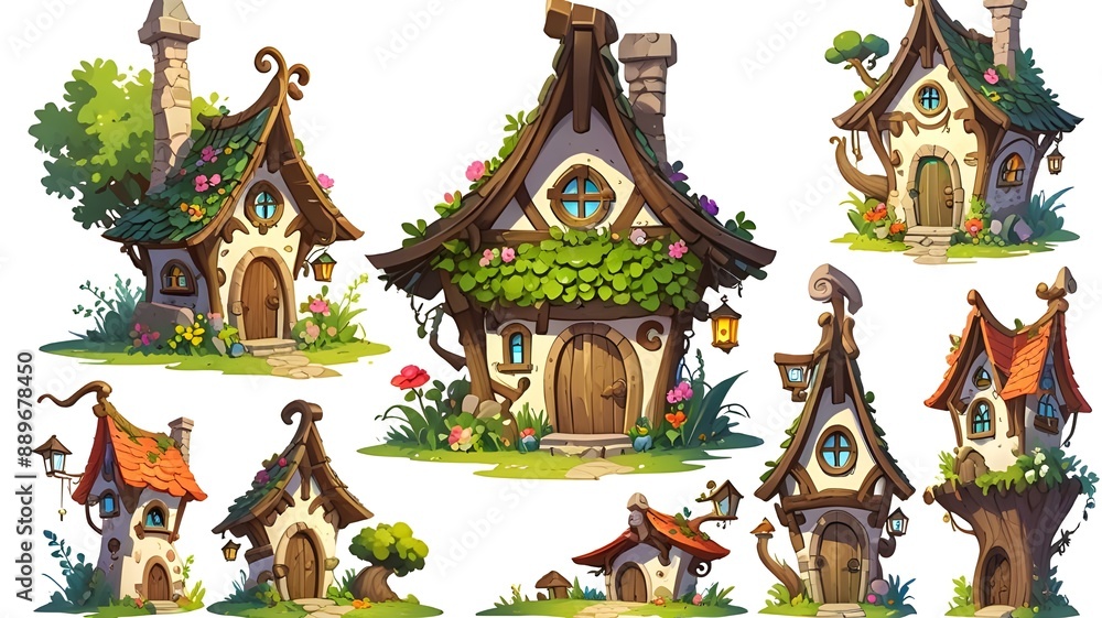 Fototapeta premium A charming collection of whimsical fairytale cabins and magical woodland elements, perfect for themed and game designs. Generative AI.
