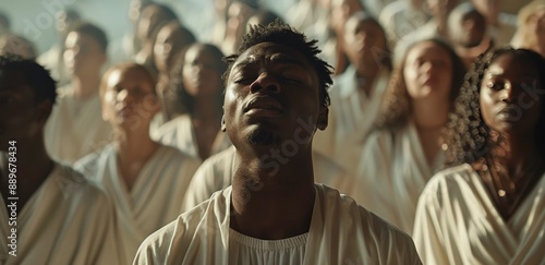 Young Man Singing With a Group of People in a White Robe