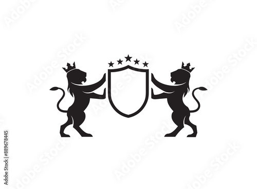 Creative crest with shield and two lions logo vector black emblem, lvintage style design illustration